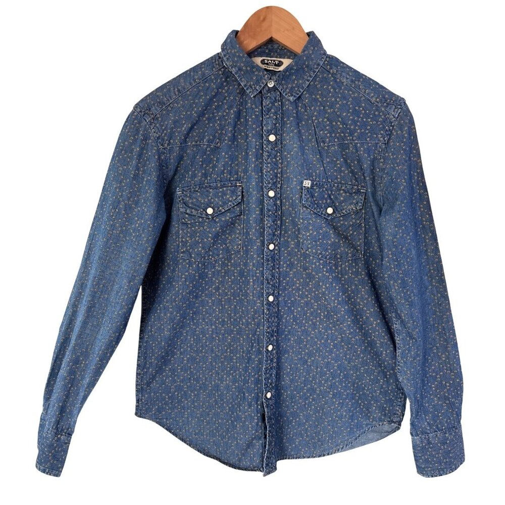 Salt Valley Western Mens Shirt Denim Jeans Abstract‎ Dots Snap Cotton Size XS